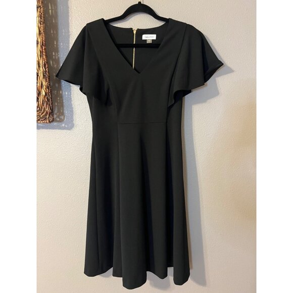 Calvin Klein A Line Dress 6 Black Stretch Sheath Short Flutter Sleeve Career - Picture 7 of 10